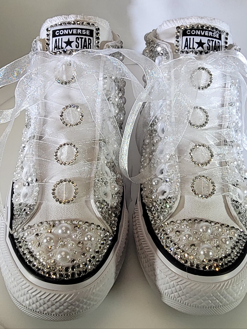 Converse White Jeweled Ribbon-Lace Sneakers